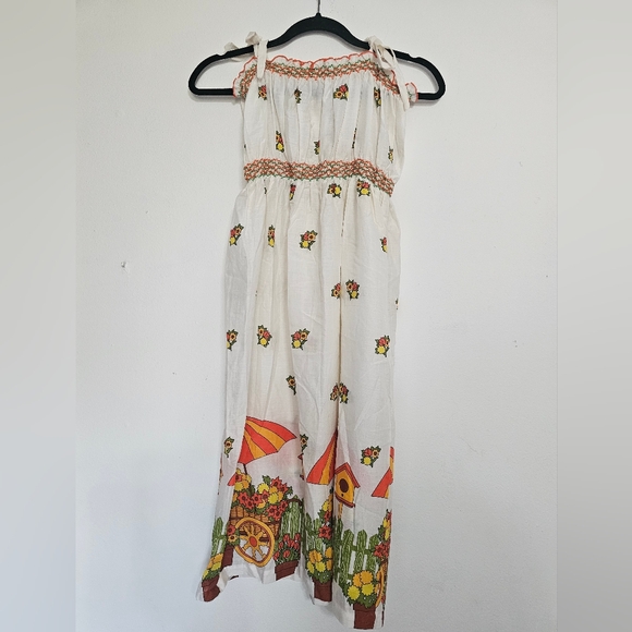 Vintage 60s 70s Smock Dress Retro Floral Umbrella Print Size Medium - Picture 4 of 5